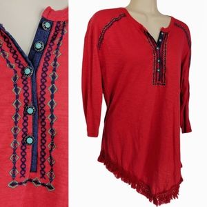 REBA Fringed Turquoise Button Embroidered Tunic Top S